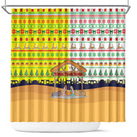 Vatican Christmas Shower Curtain with Bethlehem Silhouette Yellow Red Green Pattern and Baby Jesus Manger - Wonder Print Shop
