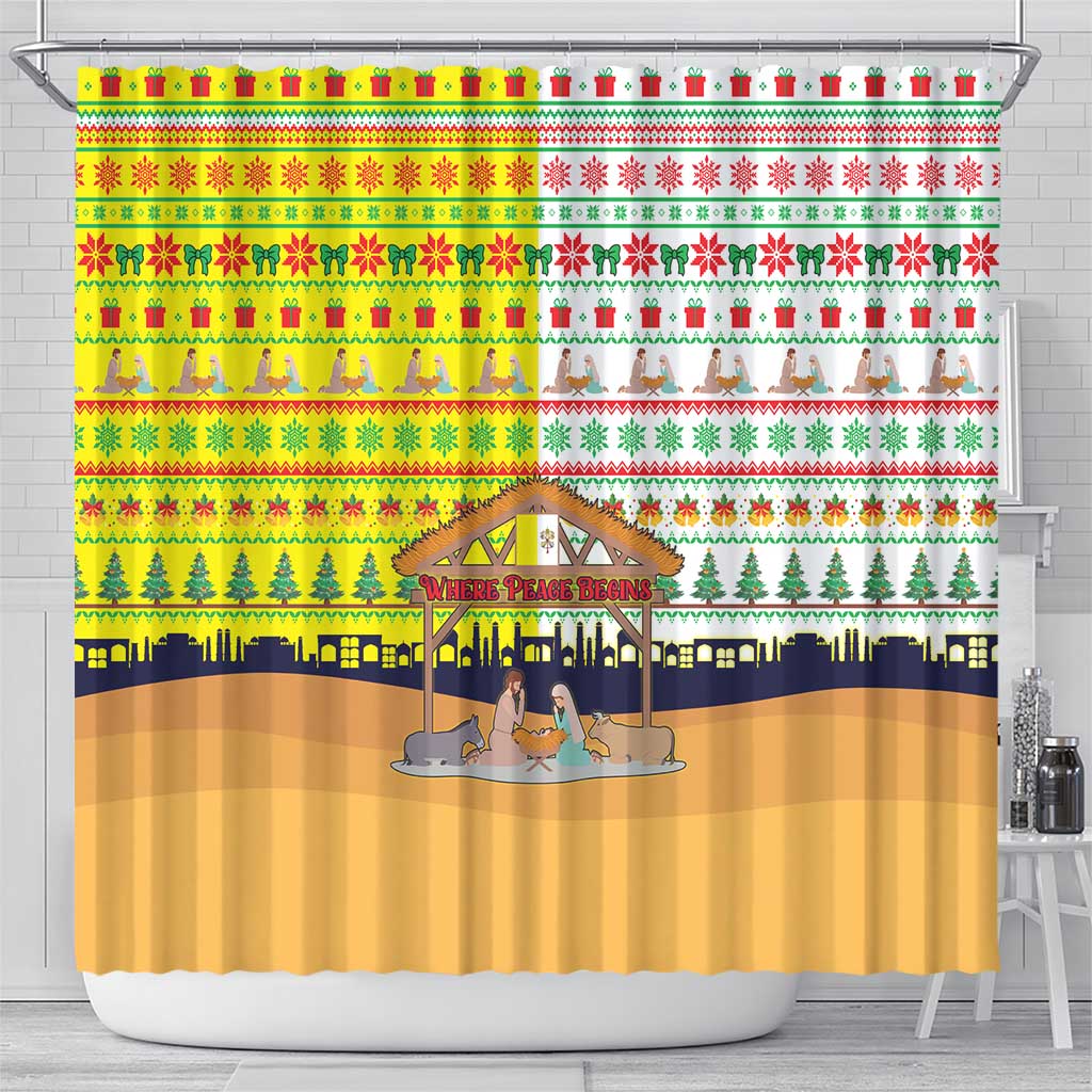 Vatican Christmas Shower Curtain with Bethlehem Silhouette Yellow Red Green Pattern and Baby Jesus Manger - Wonder Print Shop