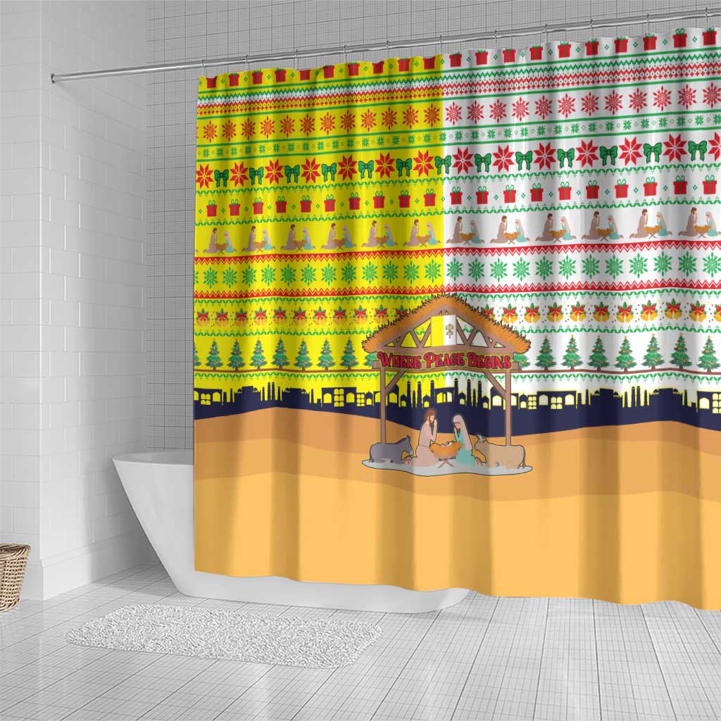 Vatican Christmas Shower Curtain with Bethlehem Silhouette Yellow Red Green Pattern and Baby Jesus Manger - Wonder Print Shop