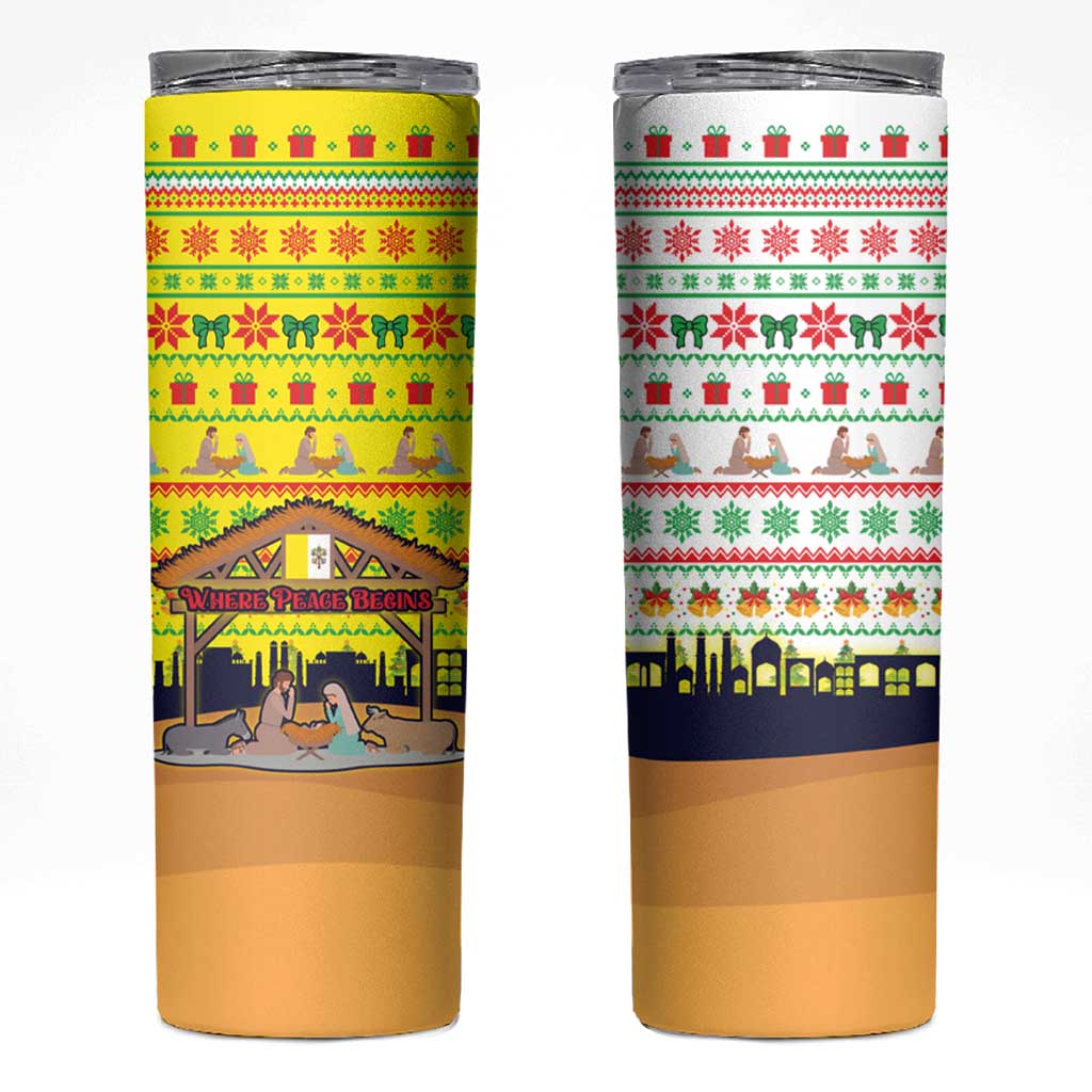 Vatican Christmas Skinny Tumbler with Bethlehem Silhouette Yellow Red Green Pattern and Baby Jesus Manger - Wonder Print Shop