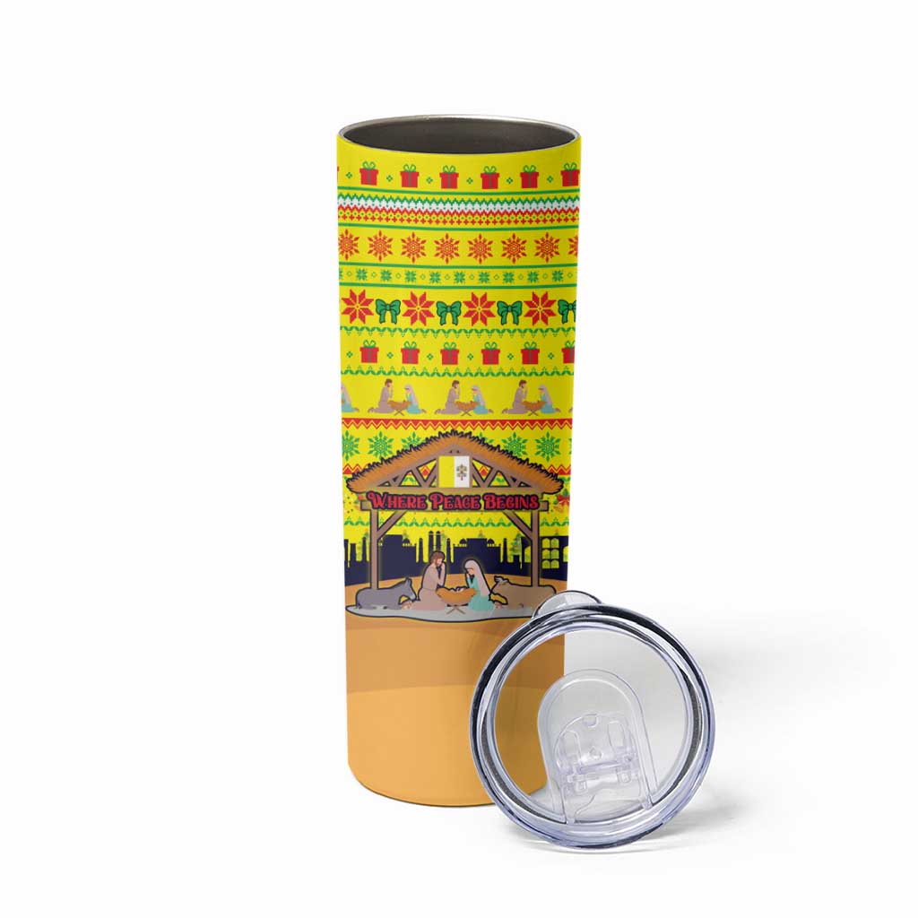 Vatican Christmas Skinny Tumbler with Bethlehem Silhouette Yellow Red Green Pattern and Baby Jesus Manger - Wonder Print Shop