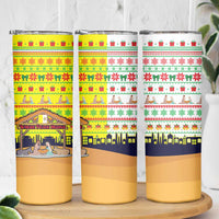 Vatican Christmas Skinny Tumbler with Bethlehem Silhouette Yellow Red Green Pattern and Baby Jesus Manger - Wonder Print Shop
