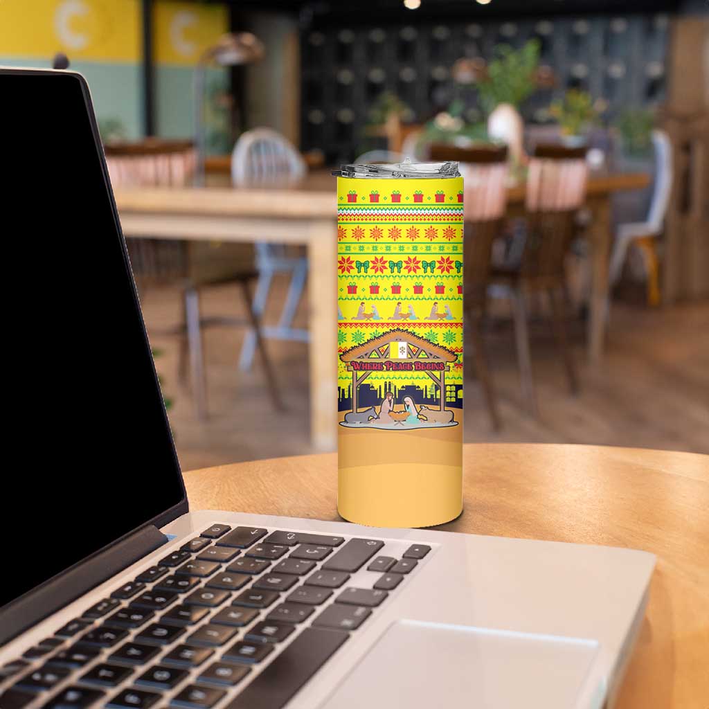 Vatican Christmas Skinny Tumbler with Bethlehem Silhouette Yellow Red Green Pattern and Baby Jesus Manger - Wonder Print Shop