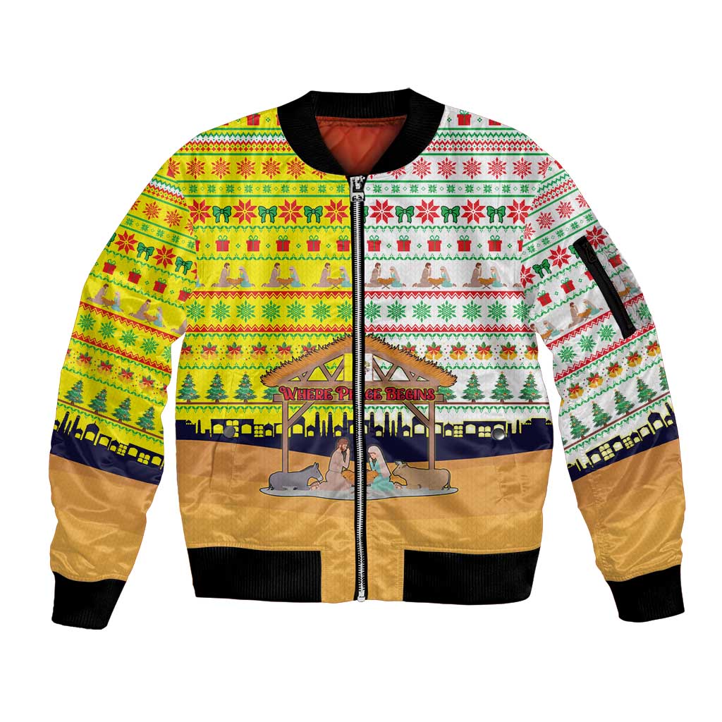 Vatican Christmas Sleeve Zip Bomber Jacket with Bethlehem Silhouette Yellow Red Green Pattern and Baby Jesus Manger - Wonder Print Shop