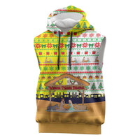 Vatican Christmas Sleeveless Hoodie with Bethlehem Silhouette Yellow Red Green Pattern and Baby Jesus Manger - Wonder Print Shop