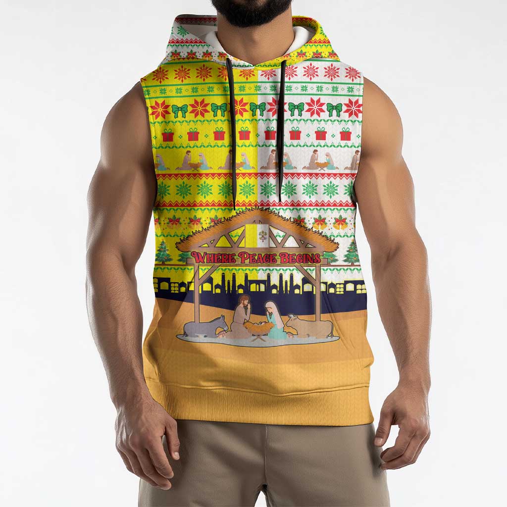 Vatican Christmas Sleeveless Hoodie with Bethlehem Silhouette Yellow Red Green Pattern and Baby Jesus Manger - Wonder Print Shop
