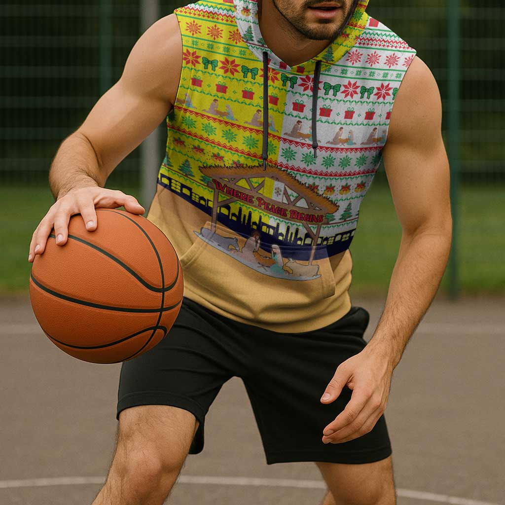 Vatican Christmas Sleeveless Hoodie with Bethlehem Silhouette Yellow Red Green Pattern and Baby Jesus Manger - Wonder Print Shop