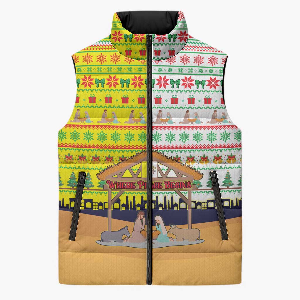 Vatican Christmas Sleeveless Puffer Jacket with Bethlehem Silhouette Yellow Red Green Pattern and Baby Jesus Manger - Wonder Print Shop