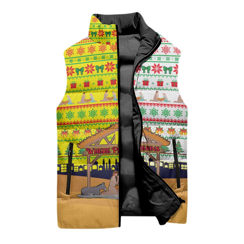 Vatican Christmas Sleeveless Puffer Jacket with Bethlehem Silhouette Yellow Red Green Pattern and Baby Jesus Manger - Wonder Print Shop
