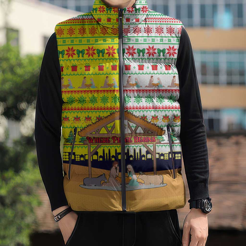Vatican Christmas Sleeveless Puffer Jacket with Bethlehem Silhouette Yellow Red Green Pattern and Baby Jesus Manger - Wonder Print Shop