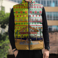 Vatican Christmas Sleeveless Puffer Jacket with Bethlehem Silhouette Yellow Red Green Pattern and Baby Jesus Manger - Wonder Print Shop