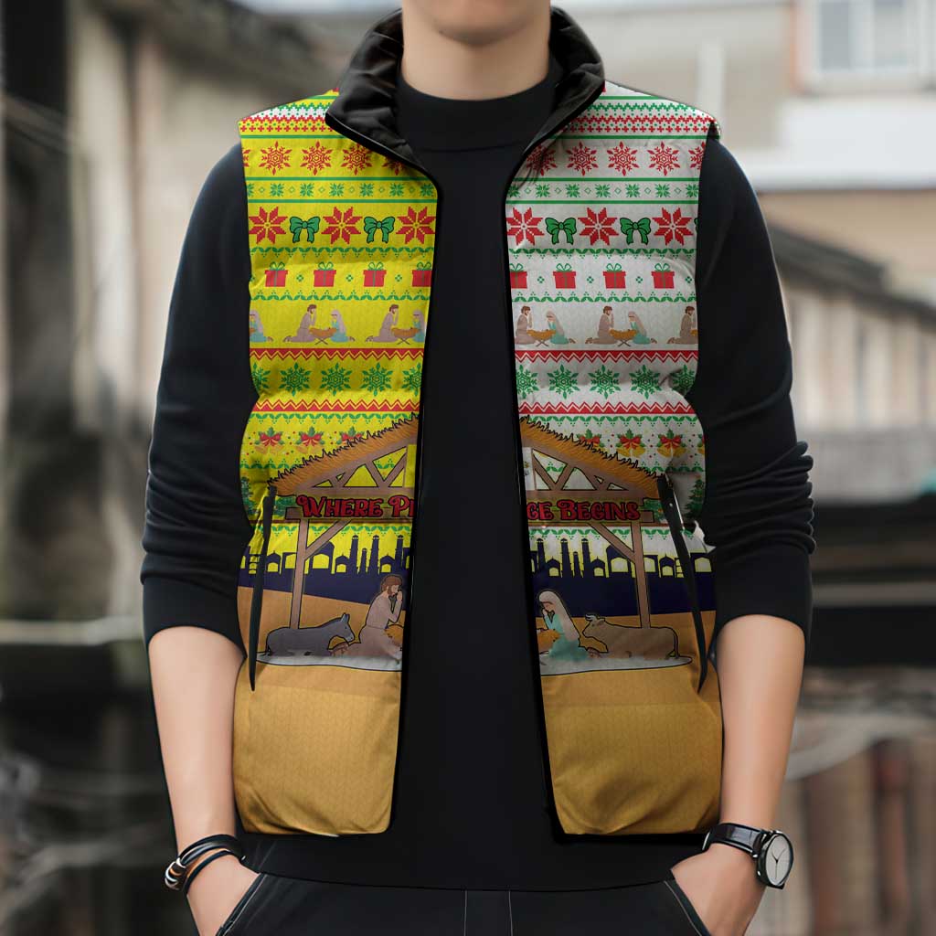 Vatican Christmas Sleeveless Puffer Jacket with Bethlehem Silhouette Yellow Red Green Pattern and Baby Jesus Manger - Wonder Print Shop