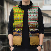 Vatican Christmas Sleeveless Puffer Jacket with Bethlehem Silhouette Yellow Red Green Pattern and Baby Jesus Manger - Wonder Print Shop