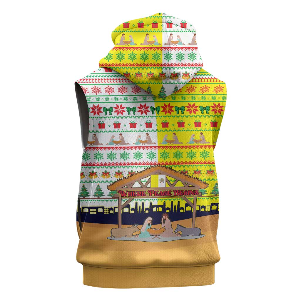 Vatican Christmas Sleeveless Zip Hoodie with Bethlehem Silhouette Yellow Red Green Pattern and Baby Jesus Manger - Wonder Print Shop