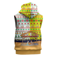 Vatican Christmas Sleeveless Zip Hoodie with Bethlehem Silhouette Yellow Red Green Pattern and Baby Jesus Manger - Wonder Print Shop