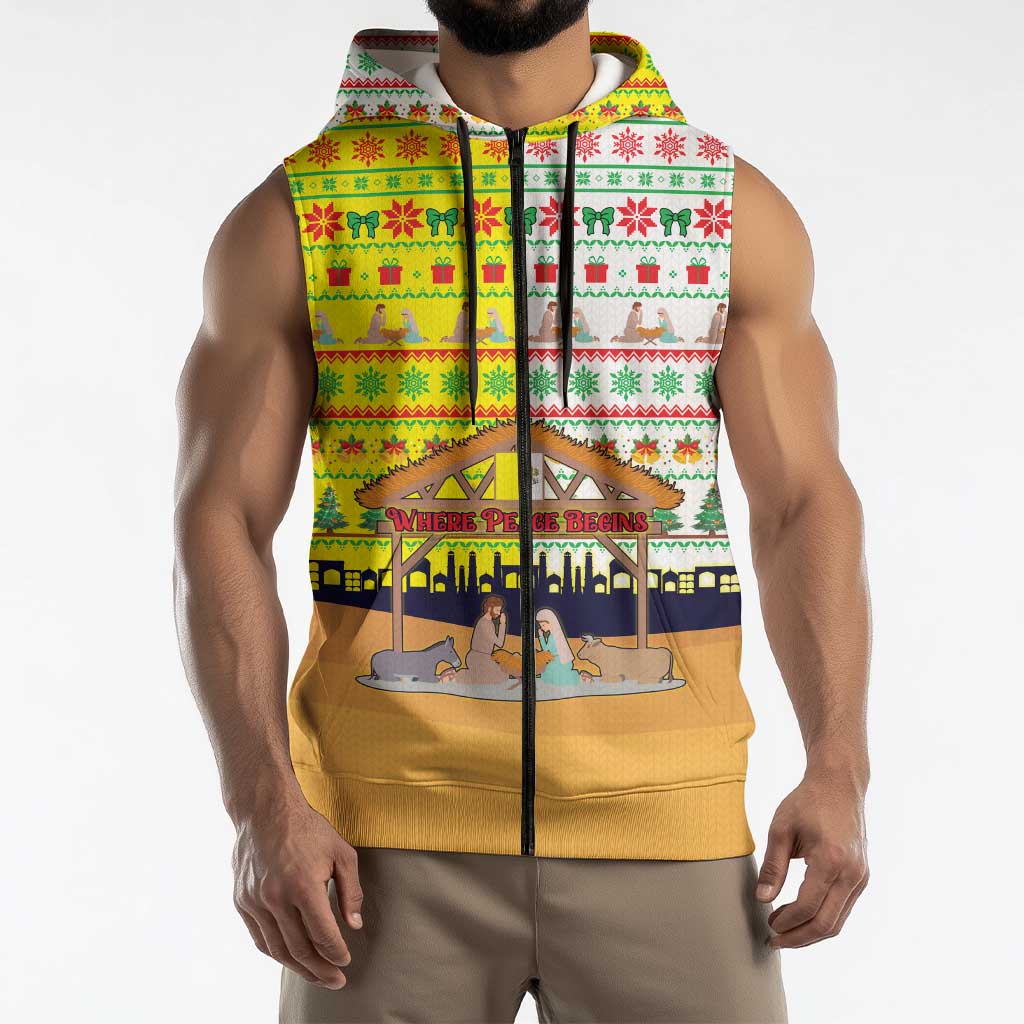 Vatican Christmas Sleeveless Zip Hoodie with Bethlehem Silhouette Yellow Red Green Pattern and Baby Jesus Manger - Wonder Print Shop
