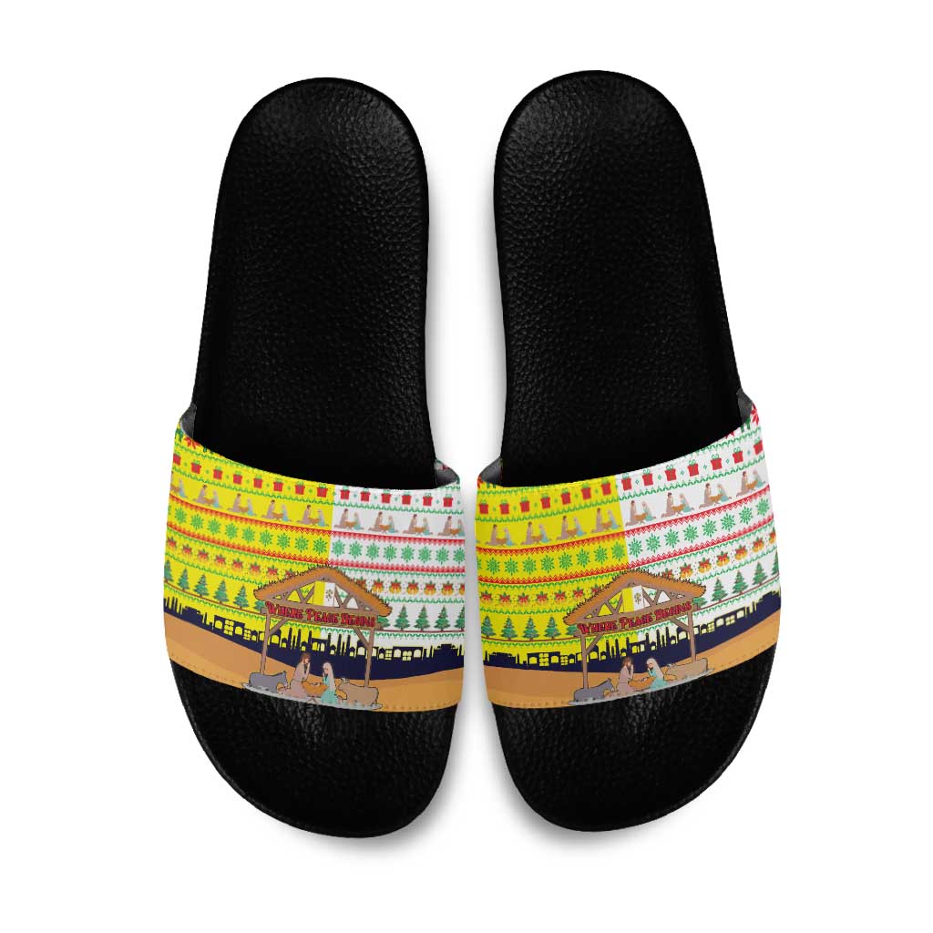 Vatican Christmas Slide Sandals with Bethlehem Silhouette Yellow Red Green Pattern and Baby Jesus Manger - Wonder Print Shop