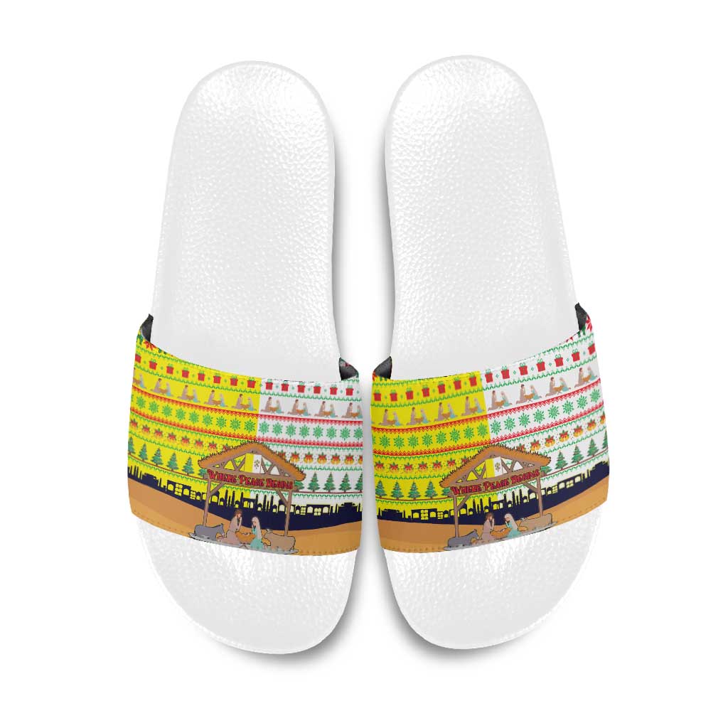 Vatican Christmas Slide Sandals with Bethlehem Silhouette Yellow Red Green Pattern and Baby Jesus Manger - Wonder Print Shop