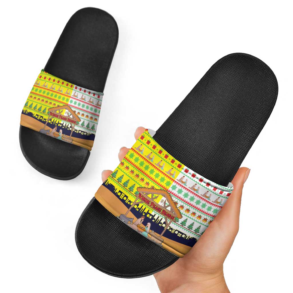 Vatican Christmas Slide Sandals with Bethlehem Silhouette Yellow Red Green Pattern and Baby Jesus Manger - Wonder Print Shop