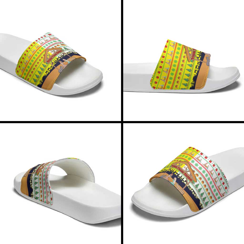 Vatican Christmas Slide Sandals with Bethlehem Silhouette Yellow Red Green Pattern and Baby Jesus Manger - Wonder Print Shop