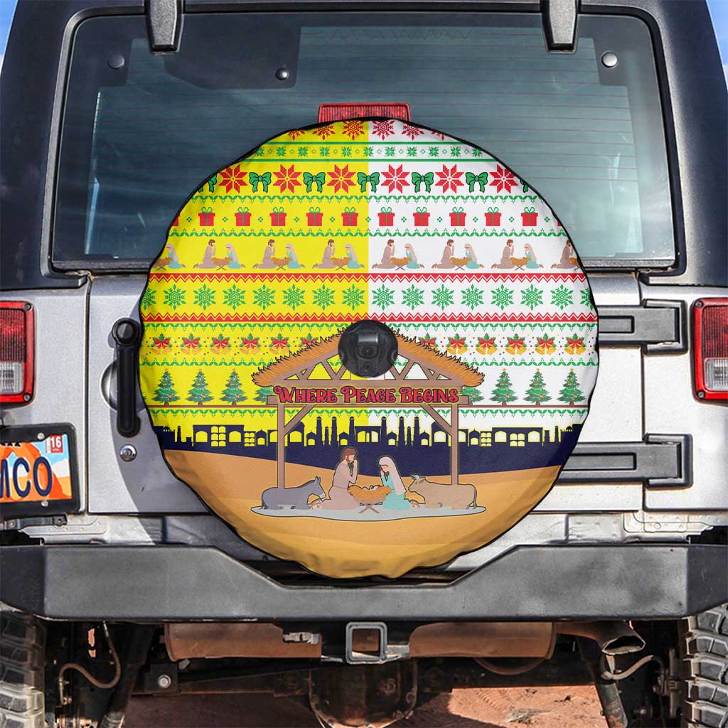 Vatican Christmas Spare Tire Cover with Bethlehem Silhouette Yellow Red Green Pattern and Baby Jesus Manger - Wonder Print Shop