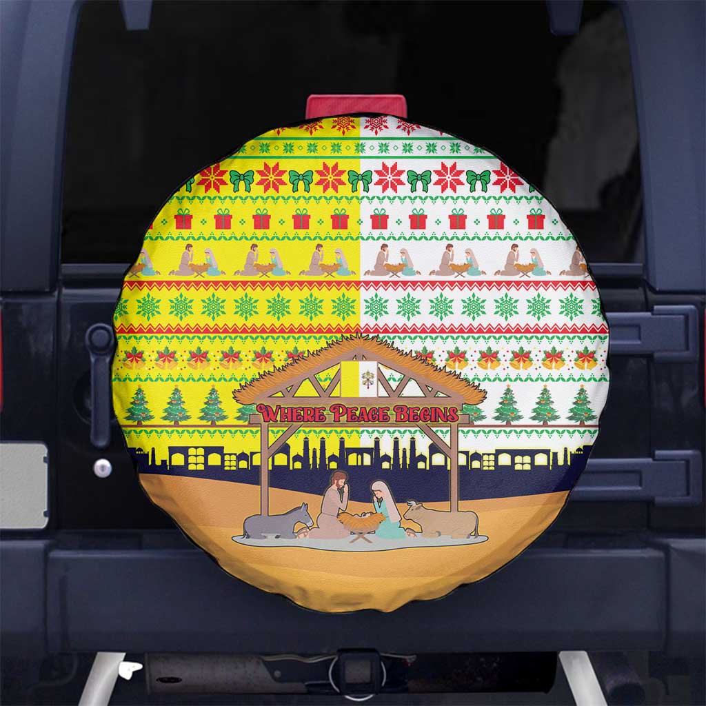 Vatican Christmas Spare Tire Cover with Bethlehem Silhouette Yellow Red Green Pattern and Baby Jesus Manger - Wonder Print Shop