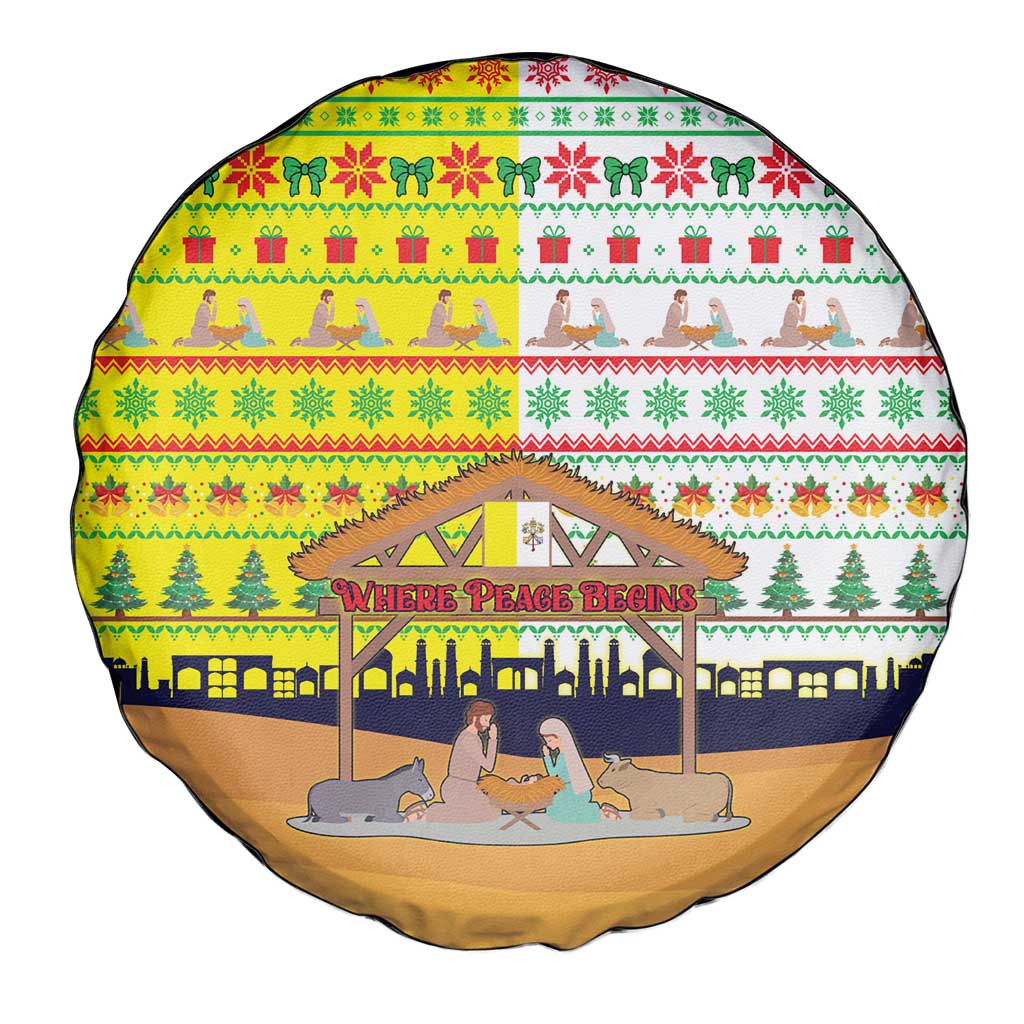 Vatican Christmas Spare Tire Cover with Bethlehem Silhouette Yellow Red Green Pattern and Baby Jesus Manger - Wonder Print Shop