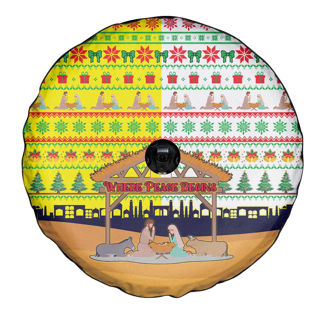 Vatican Christmas Spare Tire Cover with Bethlehem Silhouette Yellow Red Green Pattern and Baby Jesus Manger - Wonder Print Shop