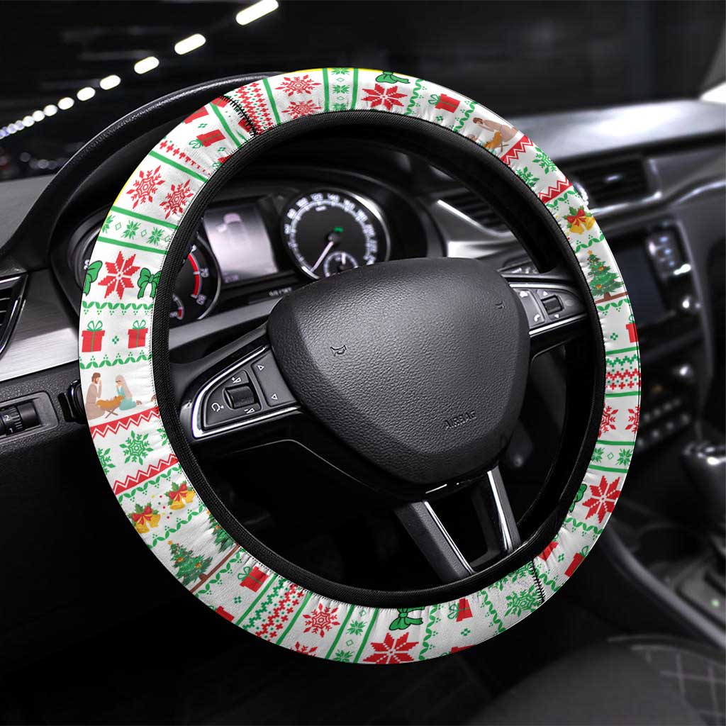 Vatican Christmas Steering Wheel Cover with Bethlehem Silhouette Yellow Red Green Pattern and Baby Jesus Manger - Wonder Print Shop