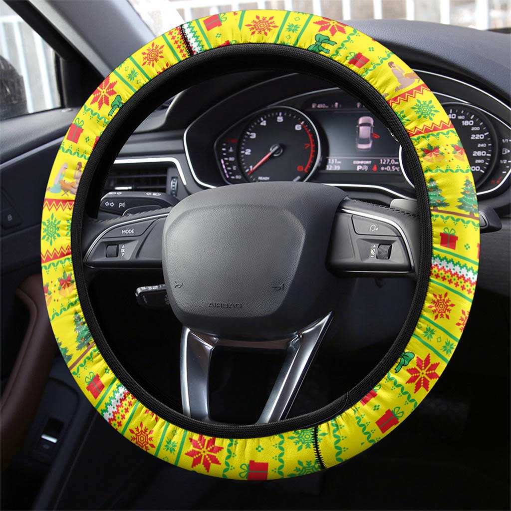 Vatican Christmas Steering Wheel Cover with Bethlehem Silhouette Yellow Red Green Pattern and Baby Jesus Manger - Wonder Print Shop