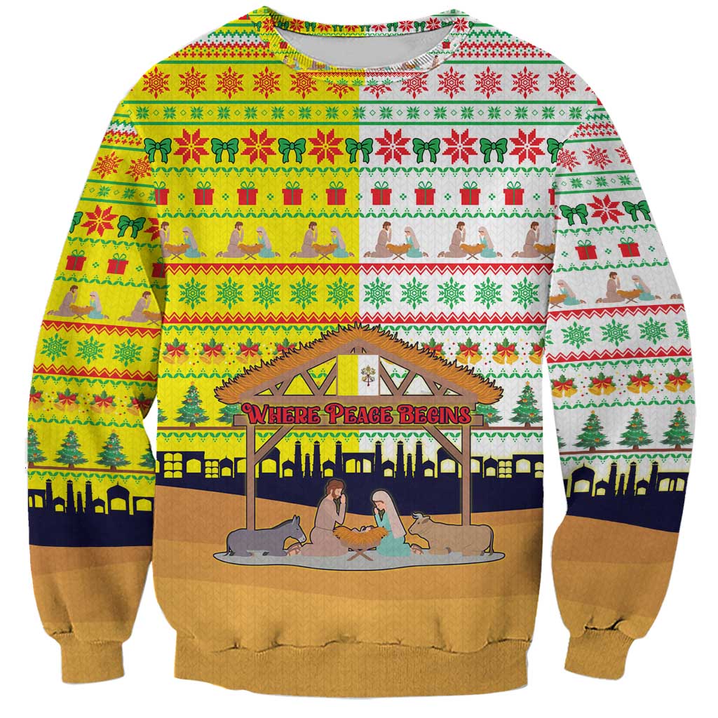 Vatican Christmas Sweatshirt with Bethlehem Silhouette Yellow Red Green Pattern and Baby Jesus Manger - Wonder Print Shop