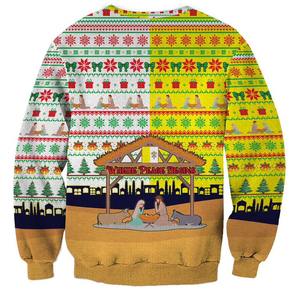 Vatican Christmas Sweatshirt with Bethlehem Silhouette Yellow Red Green Pattern and Baby Jesus Manger - Wonder Print Shop
