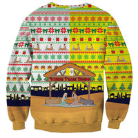 Vatican Christmas Sweatshirt with Bethlehem Silhouette Yellow Red Green Pattern and Baby Jesus Manger - Wonder Print Shop