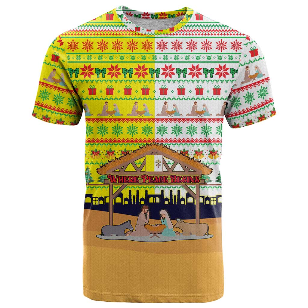 Vatican Christmas T Shirt with Bethlehem Silhouette Yellow Red Green Pattern and Baby Jesus Manger - Wonder Print Shop