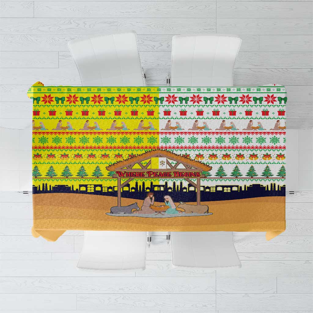 Vatican Christmas Tablecloth with Bethlehem Silhouette Yellow Red Green Pattern and Baby Jesus Manger - Wonder Print Shop