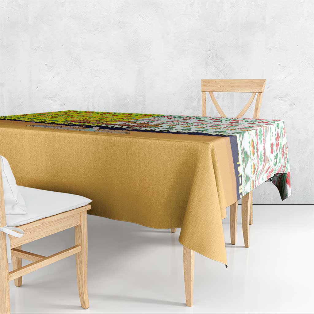 Vatican Christmas Tablecloth with Bethlehem Silhouette Yellow Red Green Pattern and Baby Jesus Manger - Wonder Print Shop