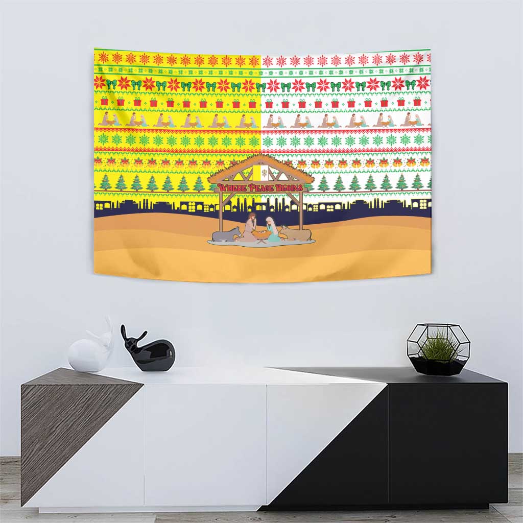 Vatican Christmas Tapestry with Bethlehem Silhouette Yellow Red Green Pattern and Baby Jesus Manger - Wonder Print Shop