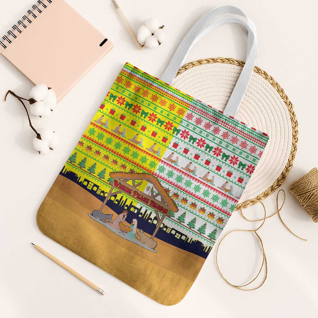 Vatican Christmas Tote Bag with Bethlehem Silhouette Yellow Red Green Pattern and Baby Jesus Manger - Wonder Print Shop