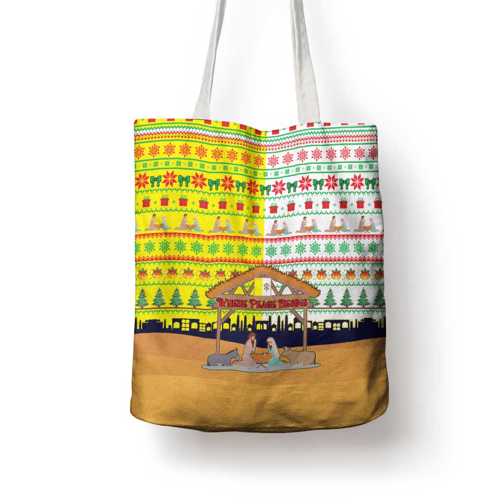 Vatican Christmas Tote Bag with Bethlehem Silhouette Yellow Red Green Pattern and Baby Jesus Manger - Wonder Print Shop
