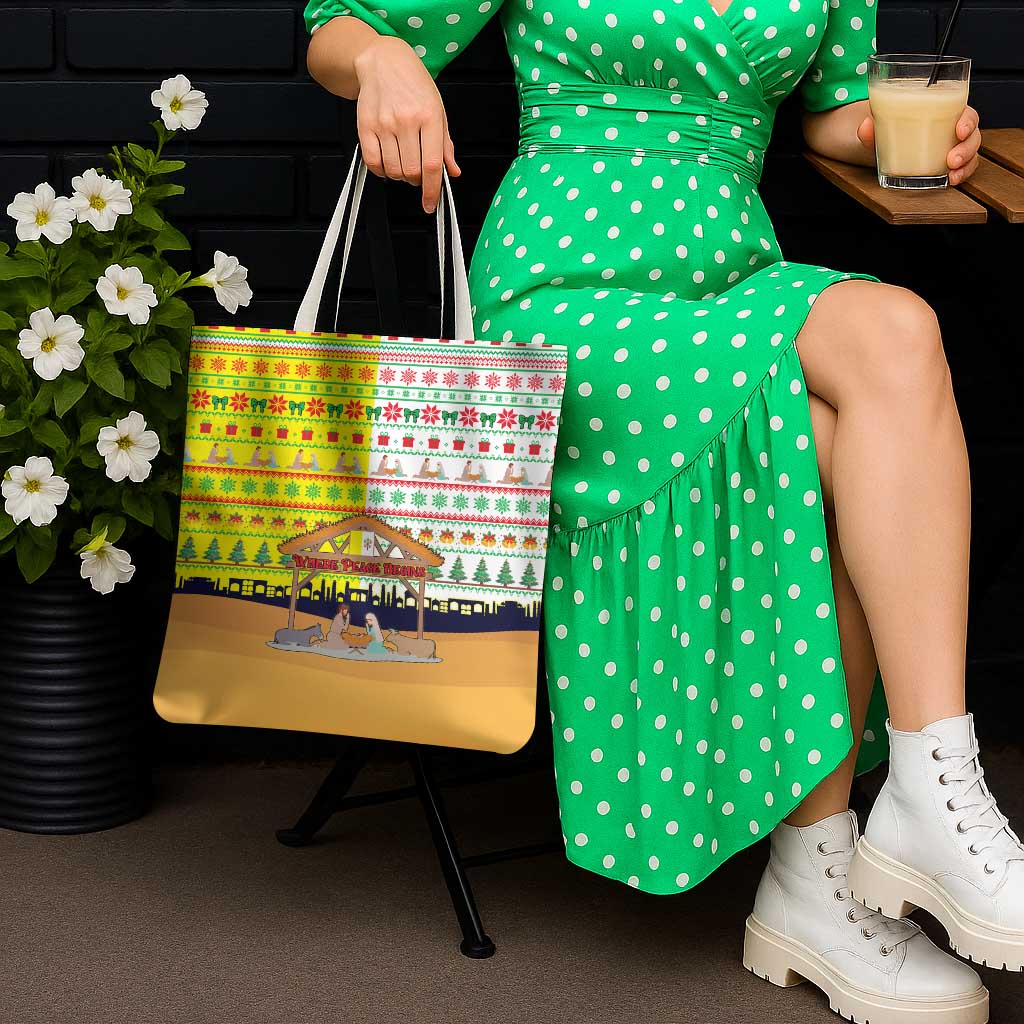 Vatican Christmas Tote Bag with Bethlehem Silhouette Yellow Red Green Pattern and Baby Jesus Manger - Wonder Print Shop