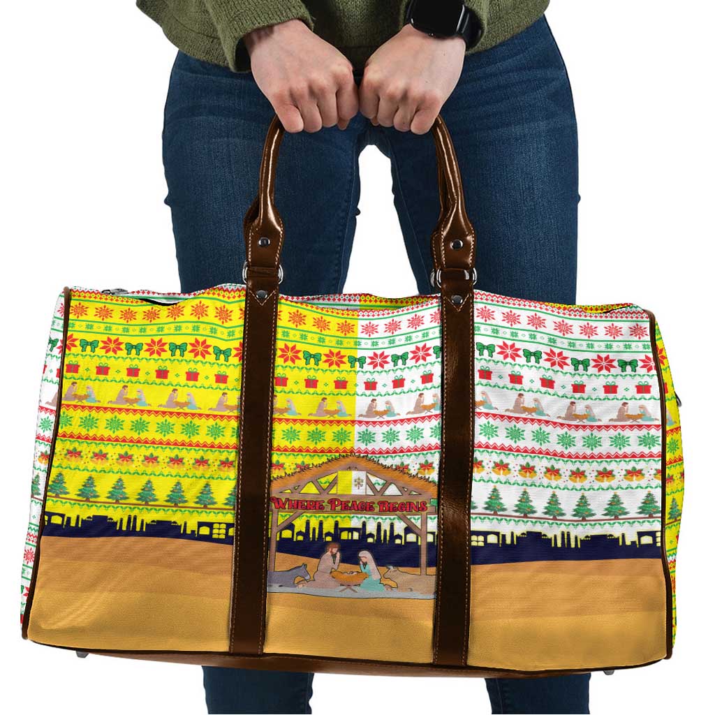 Vatican Christmas Travel Bag with Bethlehem Silhouette Yellow Red Green Pattern and Baby Jesus Manger - Wonder Print Shop