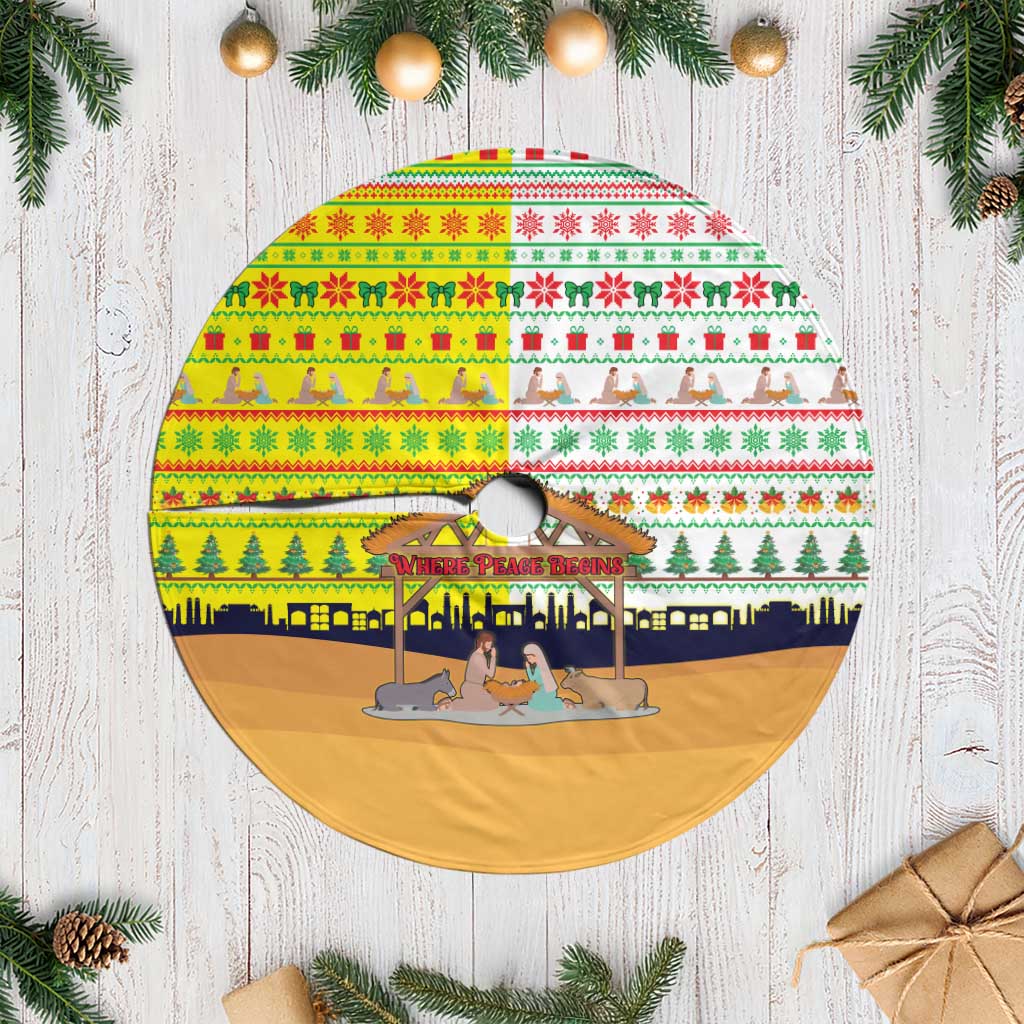 Vatican Christmas Tree Skirt with Bethlehem Silhouette Yellow Red Green Pattern and Baby Jesus Manger - Wonder Print Shop