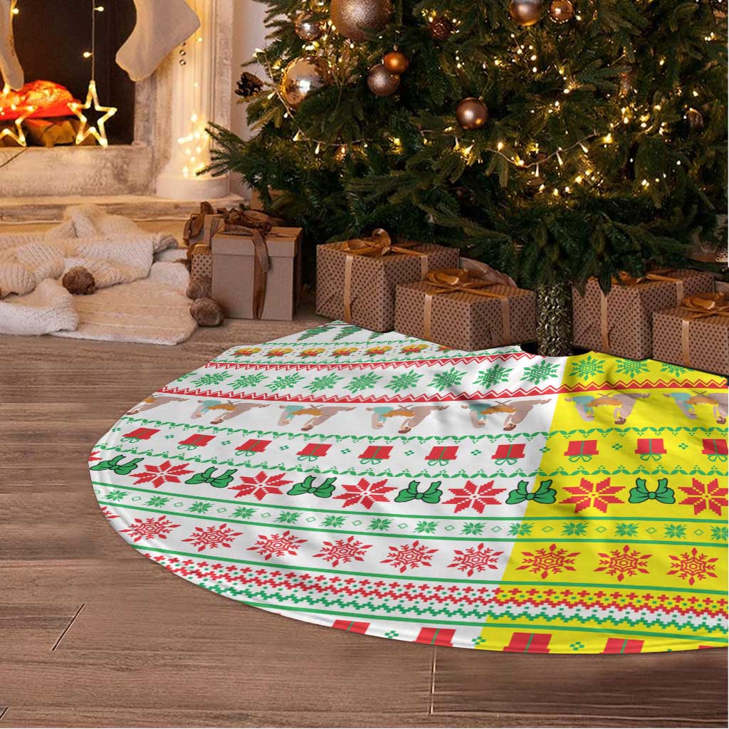 Vatican Christmas Tree Skirt with Bethlehem Silhouette Yellow Red Green Pattern and Baby Jesus Manger - Wonder Print Shop