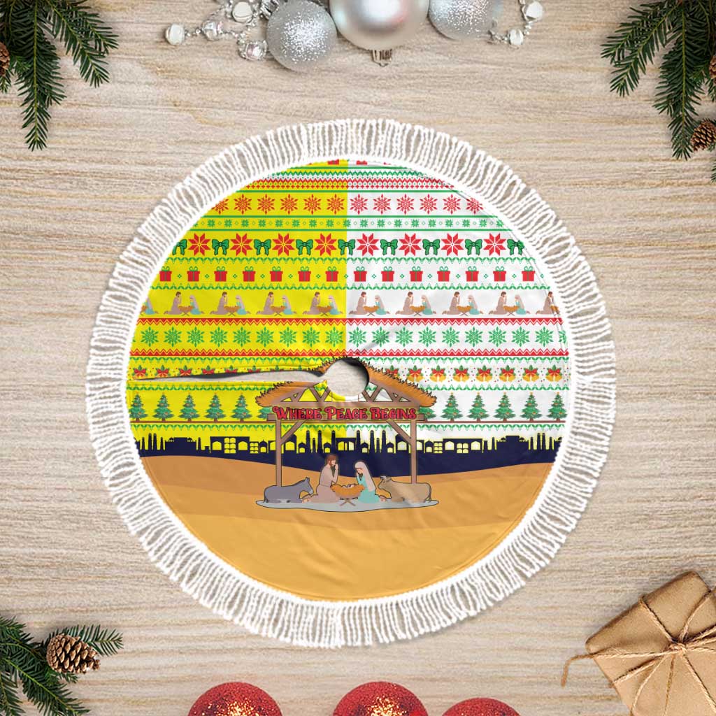 Vatican Christmas Tree Skirt with Bethlehem Silhouette Yellow Red Green Pattern and Baby Jesus Manger - Wonder Print Shop
