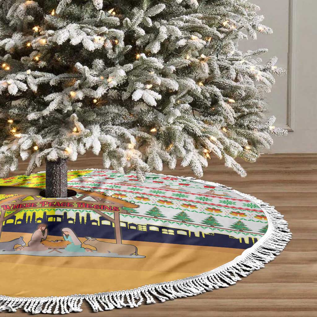 Vatican Christmas Tree Skirt with Bethlehem Silhouette Yellow Red Green Pattern and Baby Jesus Manger - Wonder Print Shop