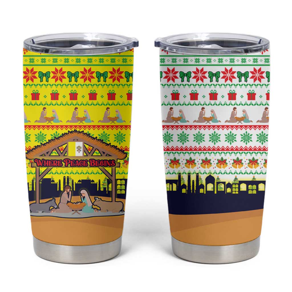 Vatican Christmas Tumbler Cup with Bethlehem Silhouette Yellow Red Green Pattern and Baby Jesus Manger - Wonder Print Shop