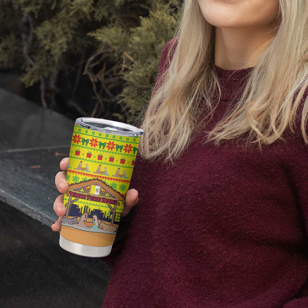 Vatican Christmas Tumbler Cup with Bethlehem Silhouette Yellow Red Green Pattern and Baby Jesus Manger - Wonder Print Shop