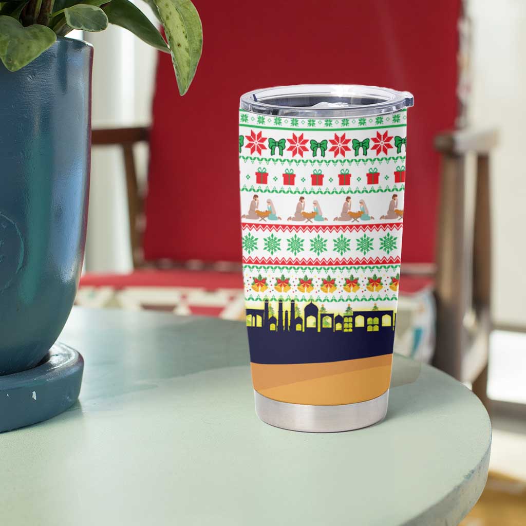 Vatican Christmas Tumbler Cup with Bethlehem Silhouette Yellow Red Green Pattern and Baby Jesus Manger - Wonder Print Shop