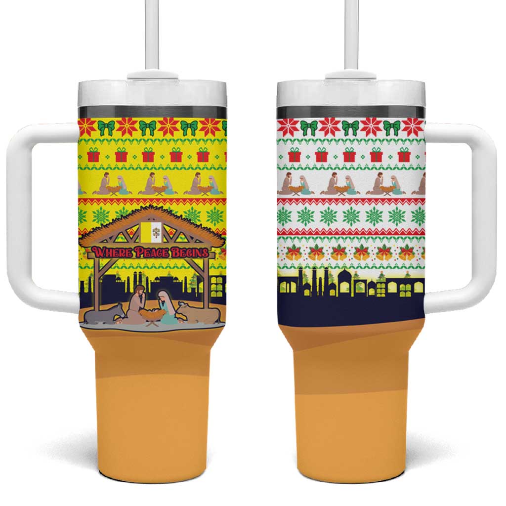 Vatican Christmas Tumbler With Handle with Bethlehem Silhouette Yellow Red Green Pattern and Baby Jesus Manger - Wonder Print Shop
