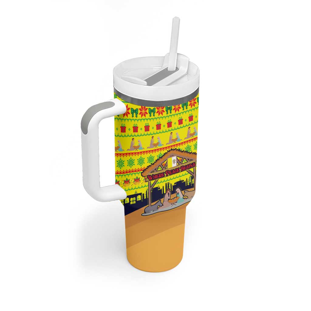 Vatican Christmas Tumbler With Handle with Bethlehem Silhouette Yellow Red Green Pattern and Baby Jesus Manger - Wonder Print Shop